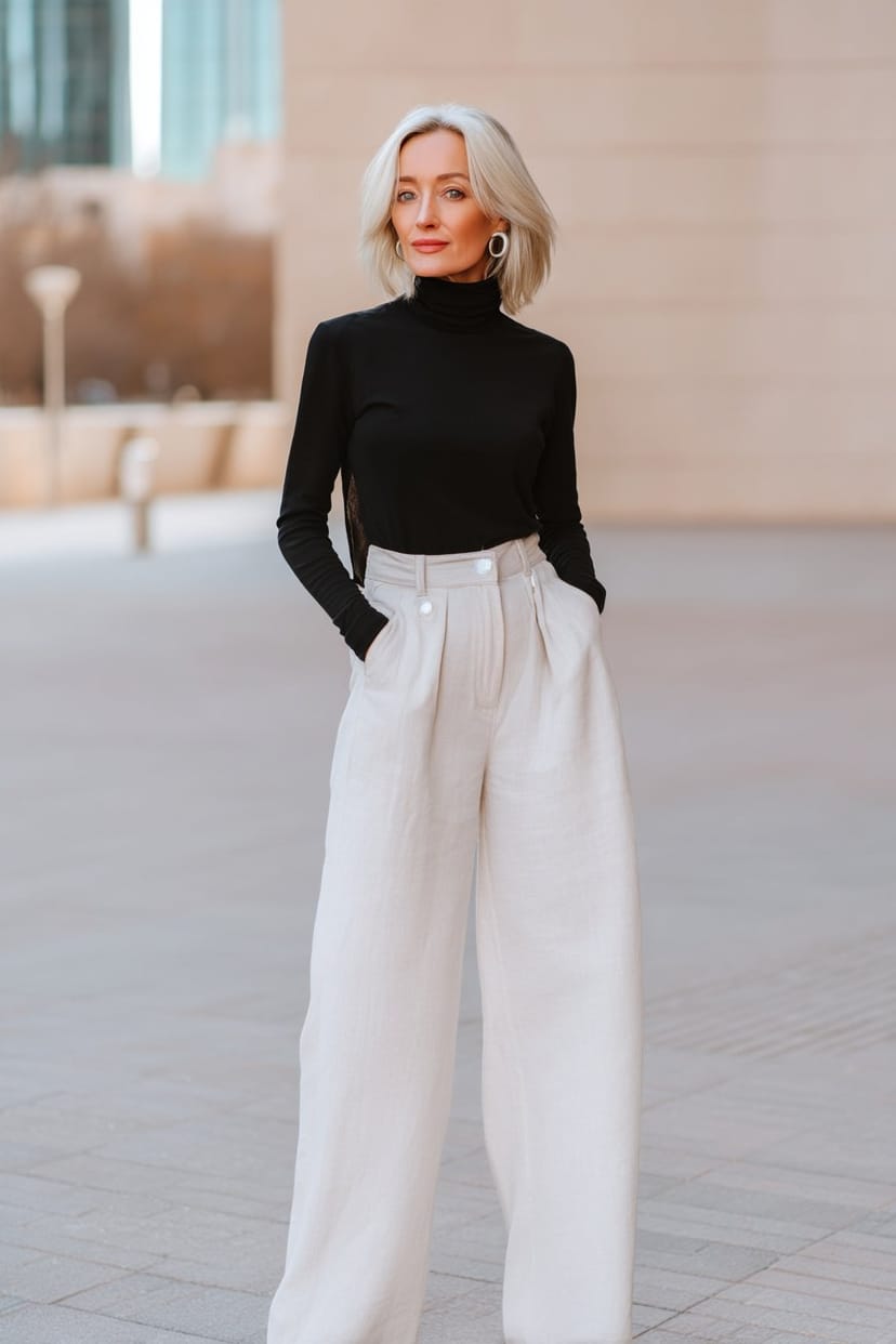 Weiße Leinenhose und schwarzes Langarmshirt minimalistisch