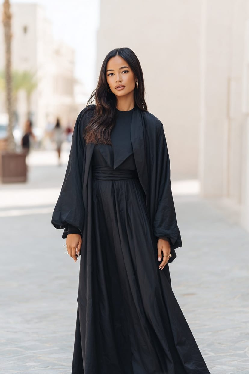 Weites schwarzes Maxikleid auf Bügel, fließender Stoff