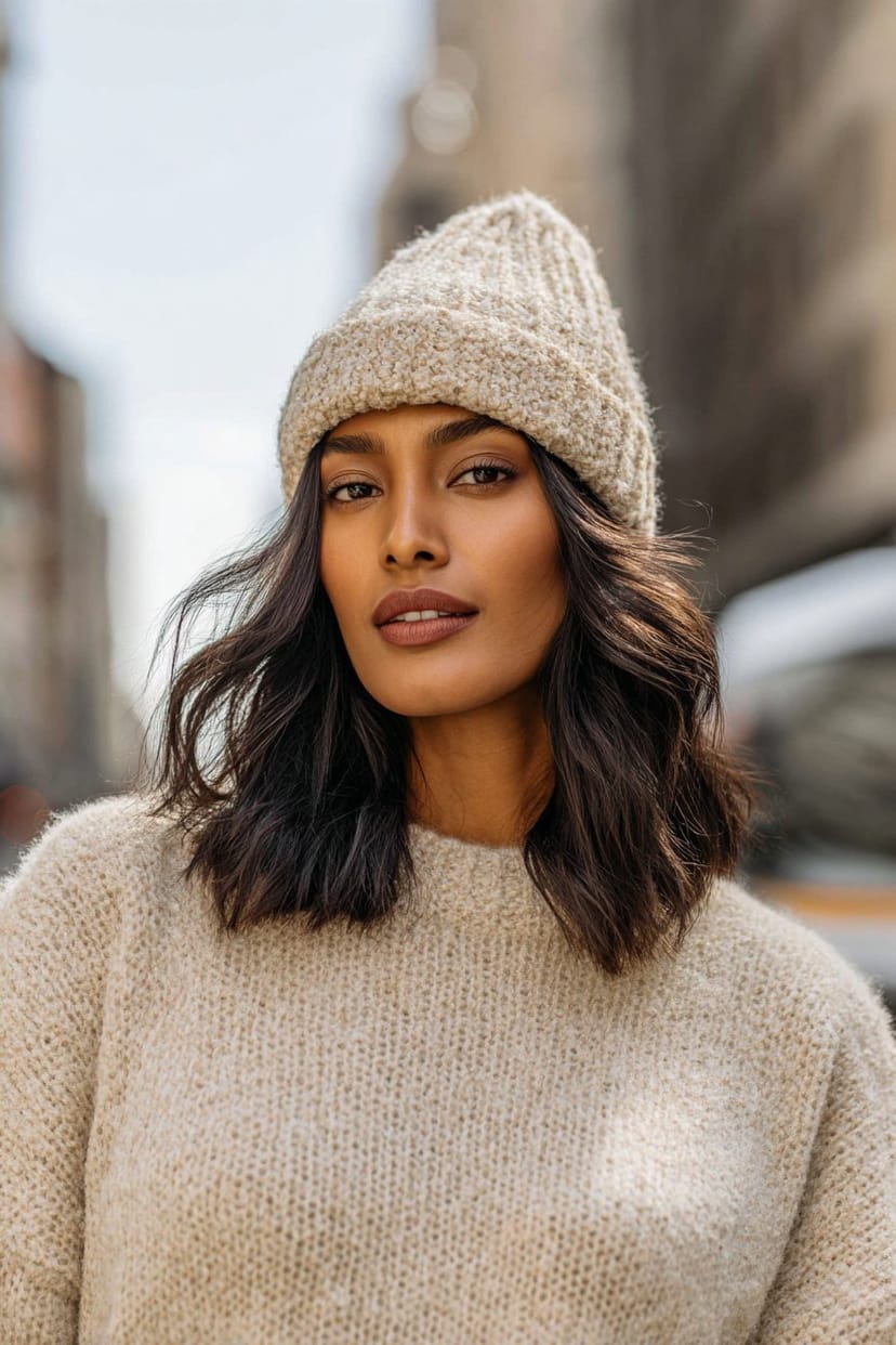 Wollmütze und Strickpullover bei kühlem Frühlingswetter