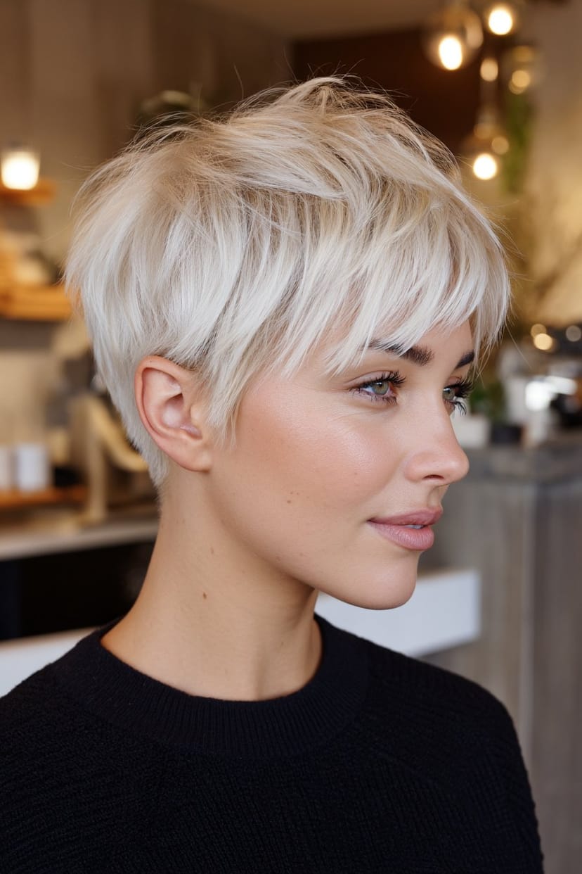 Abgestufter Pixie-Cut in strahlendem Weiß