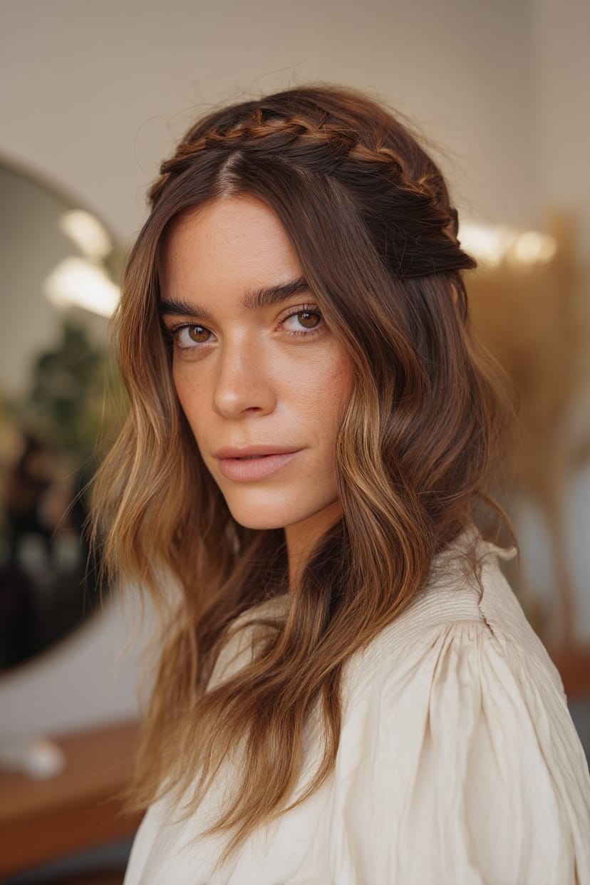 Boho-Flechtkranz mit Wellen bei mittellangem Haar