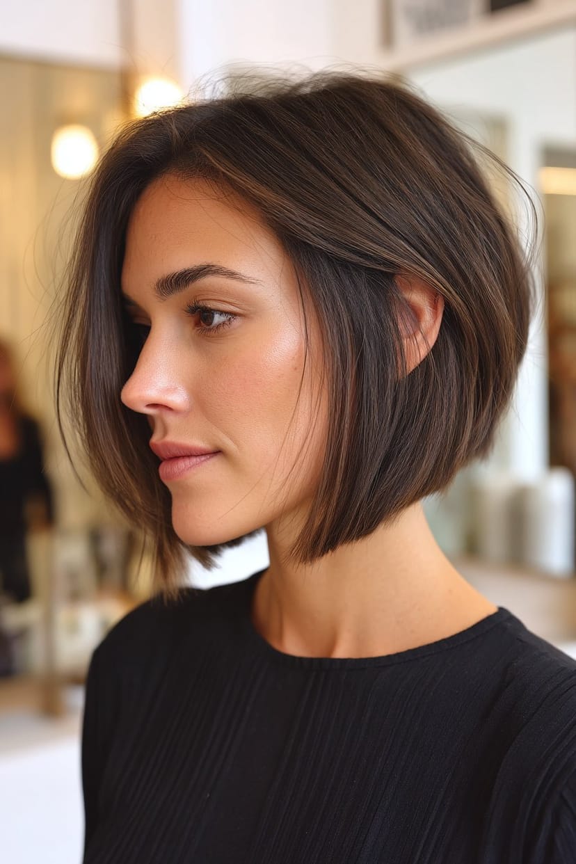 Kurzer eleganter Bob mit seitlichem Pony und grauen Reflexen