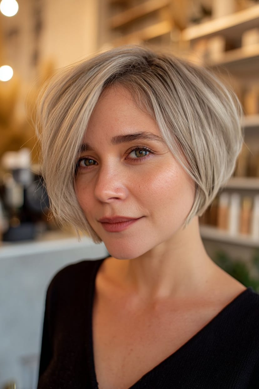 Eleganter kurzer Bob in weichen Grautönen frontal