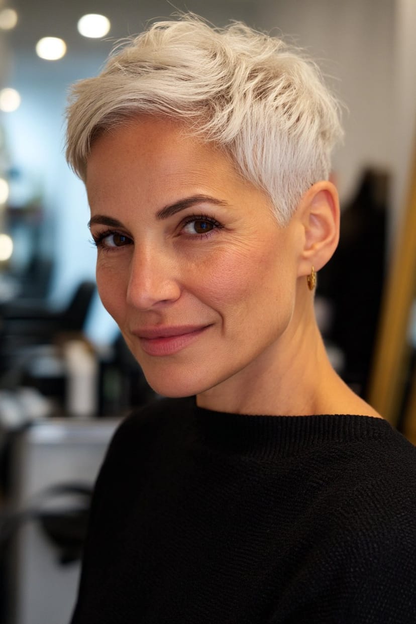 Feiner silberner Kurzhaarschnitt mit seitlicher Struktur