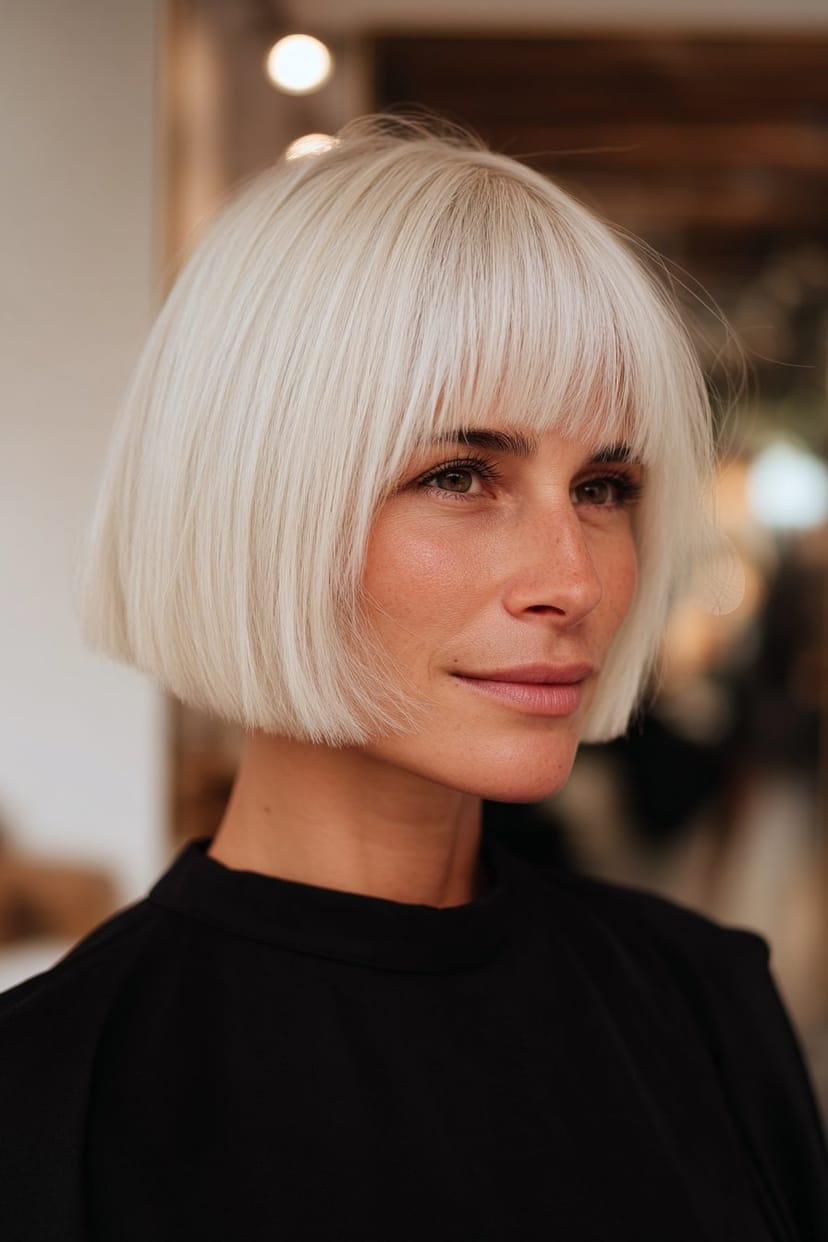 French Bob in reinweiß mit fransigem Pony frontal