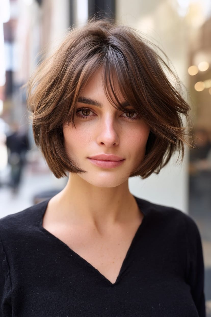 Gestufter Bob mit seitlichem Pony für rundes Gesicht