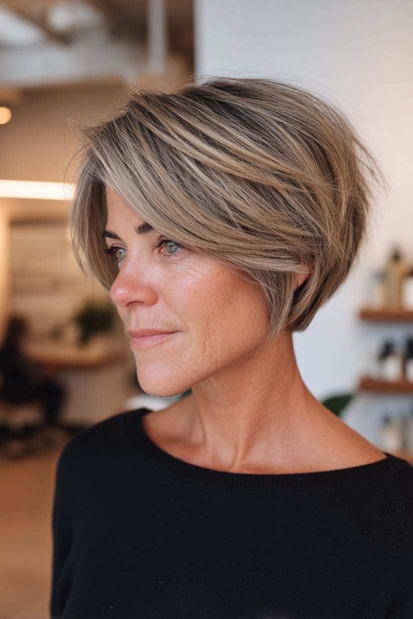 Gestufter kurzer Bob mit Salz-und-Pfeffer-Farbmischung