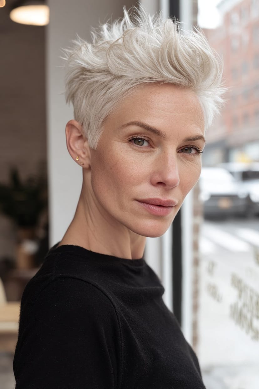 Gestufter Kurzhaarschnitt mit Volumen, silbergrau