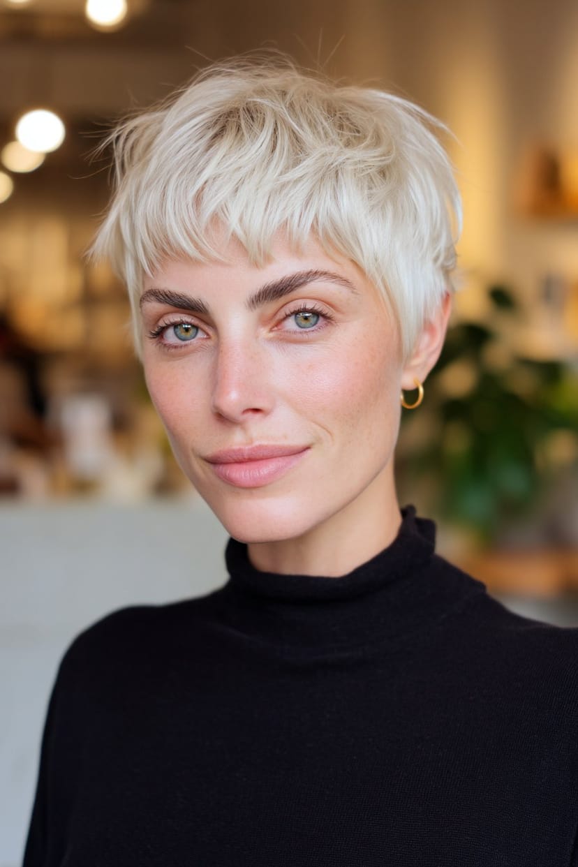 Gestufter silbergrauer Pixie Cut seitliches Profil