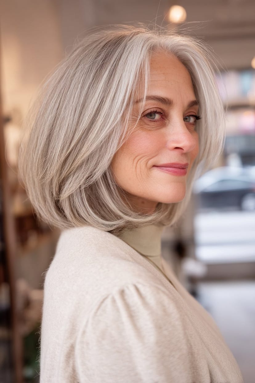 Gestuftes graues Haar mittellang mit Seitenscheitel