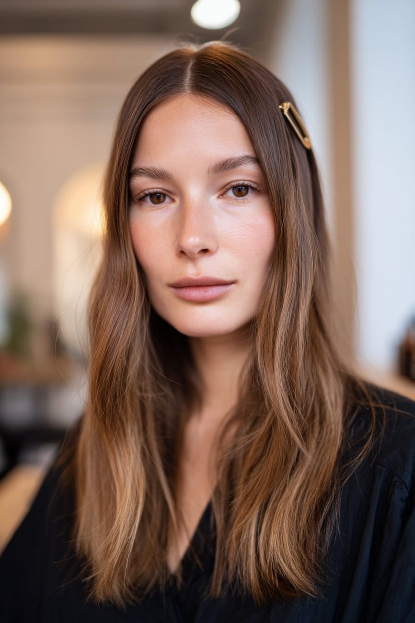 Mittellanges glattes Haar mit schlichter Haarspange
