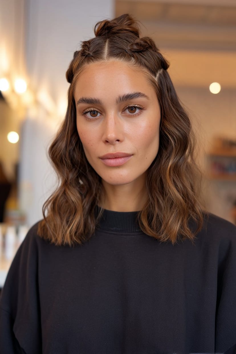 Half-up Bun mit Flechtelementen bei mittellangem Haar