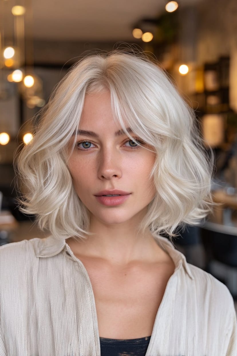 Kinnlanger weißer Bob mit sanften Wellen frontal