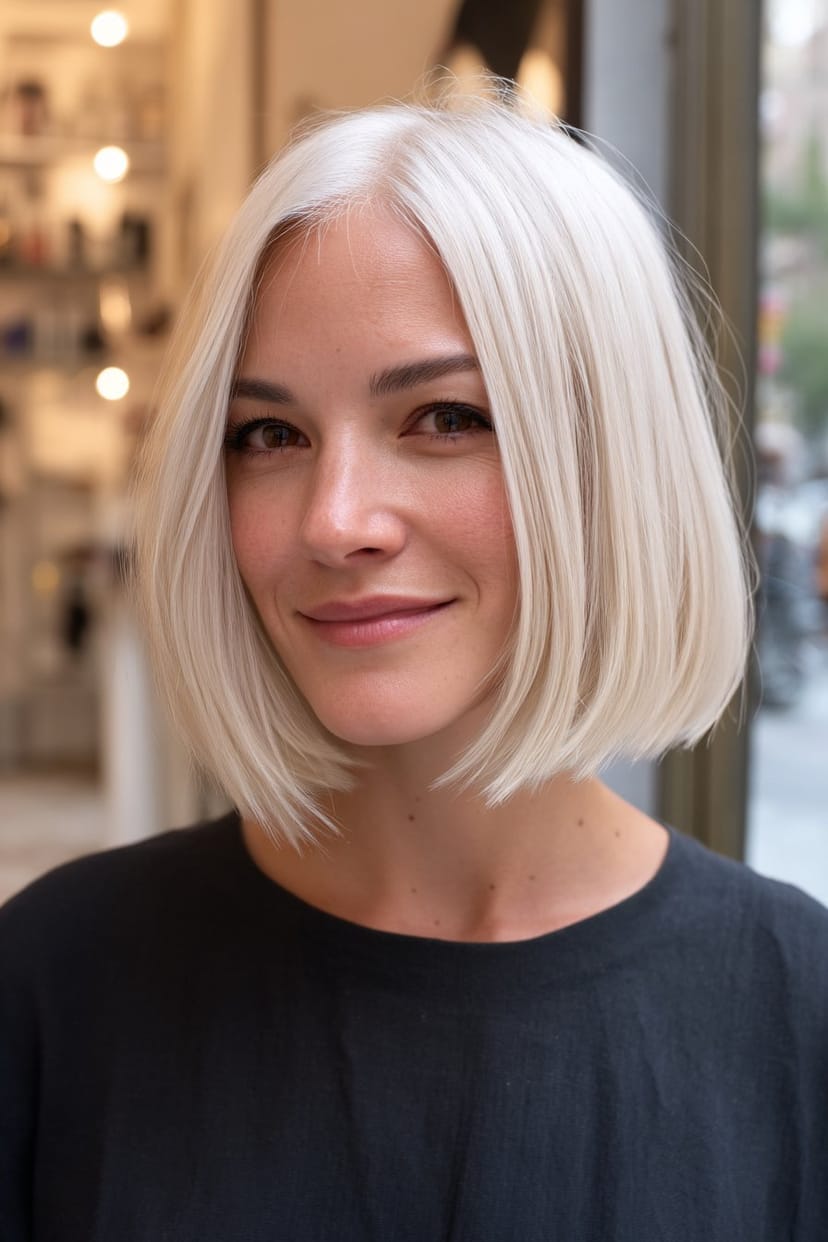 Schneeweißer Bob mit Seitenscheitel, glattes kurzes Haar