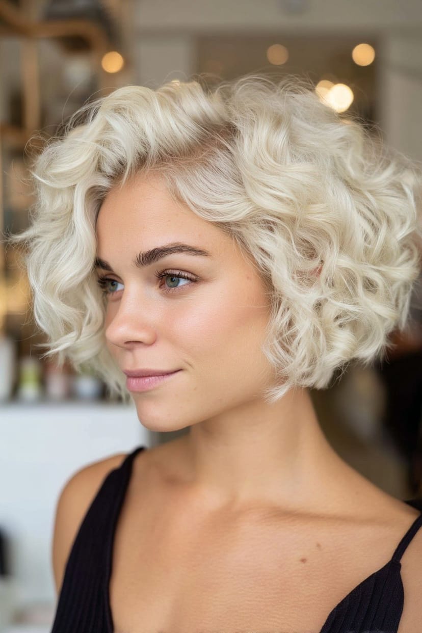Kurzer schneeweißer Bob mit lockigem Volumen