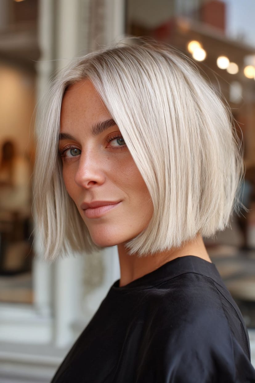 Glatter silbergrauer Bob mit eingedrehten Spitzen