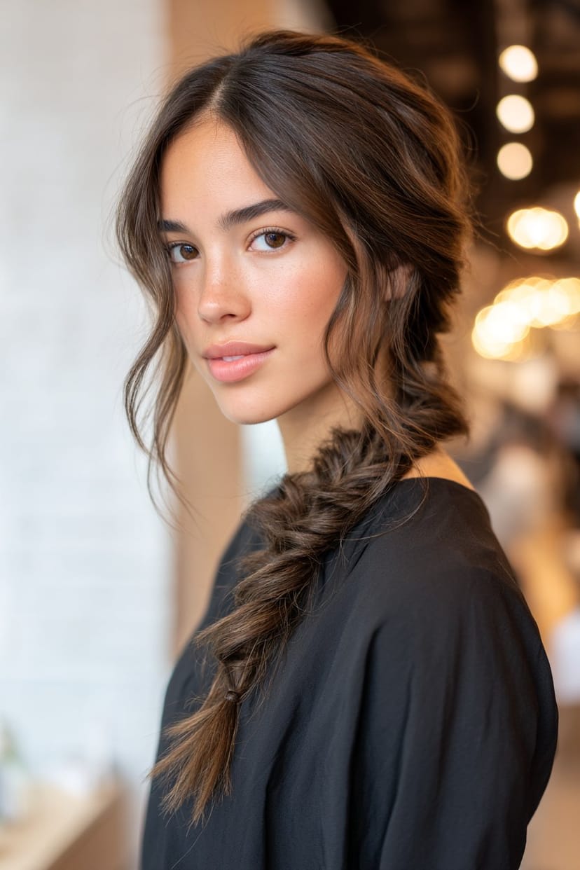 Mittellanger Seitenzopf mit lockeren Strähnen