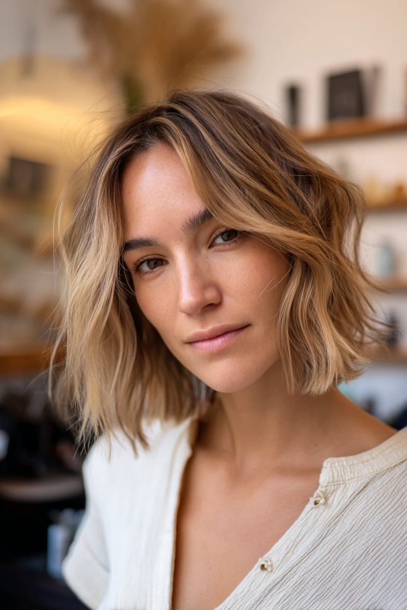 Kurze Wellenfrisur mit Grau-Dunkelblond-Übergang