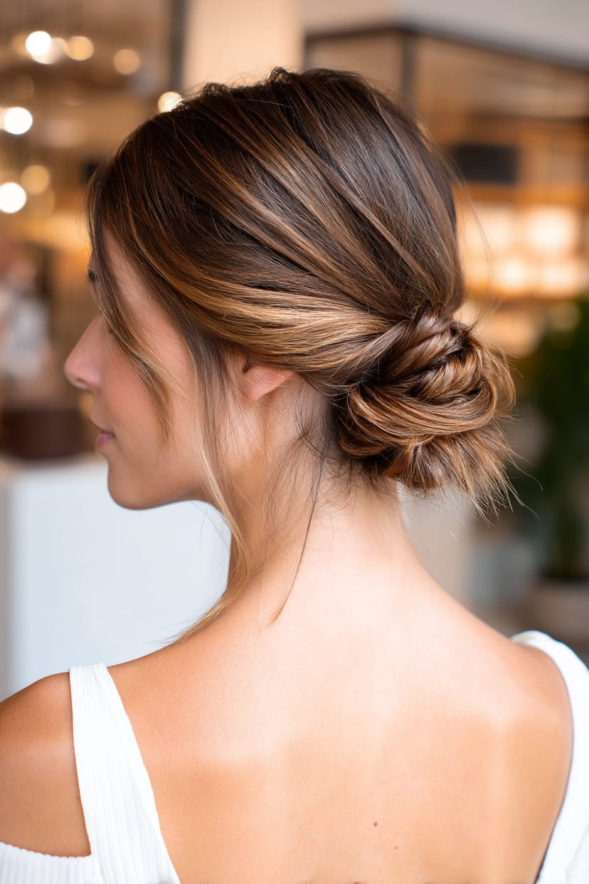 Low Bun mit gezwirbelten Strähnen im Nacken
