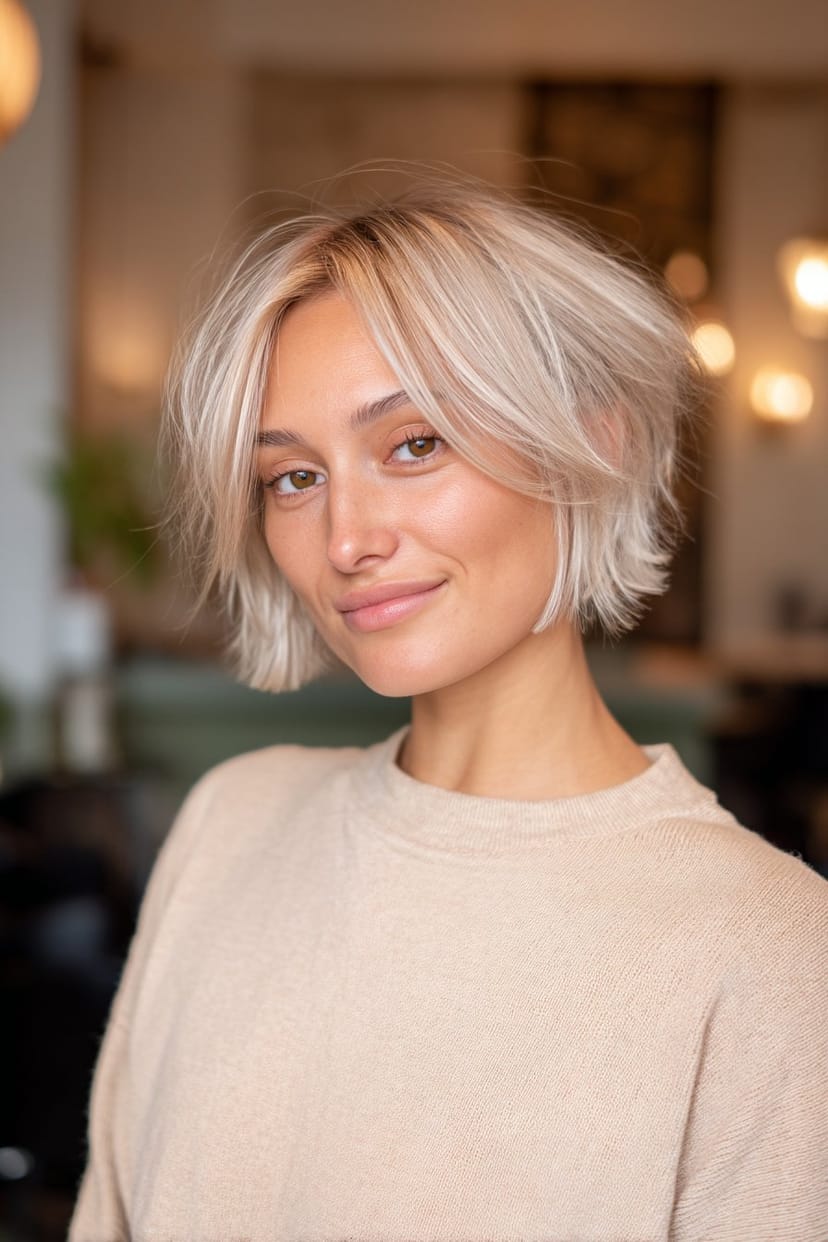 Modern gestufter Kurzhaarschnitt mit kühlen Silbernuancen