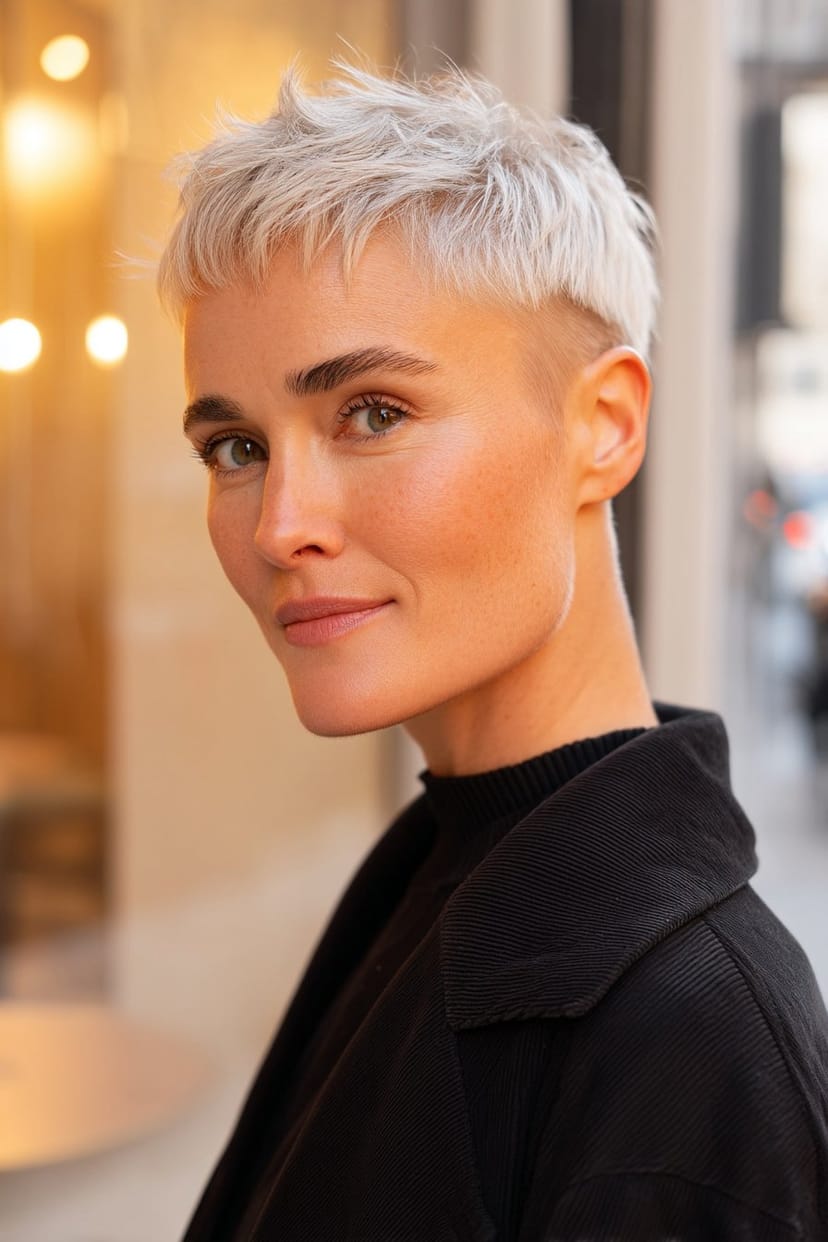 Silbergrauer Pixie Cut mit Undercut und Struktur