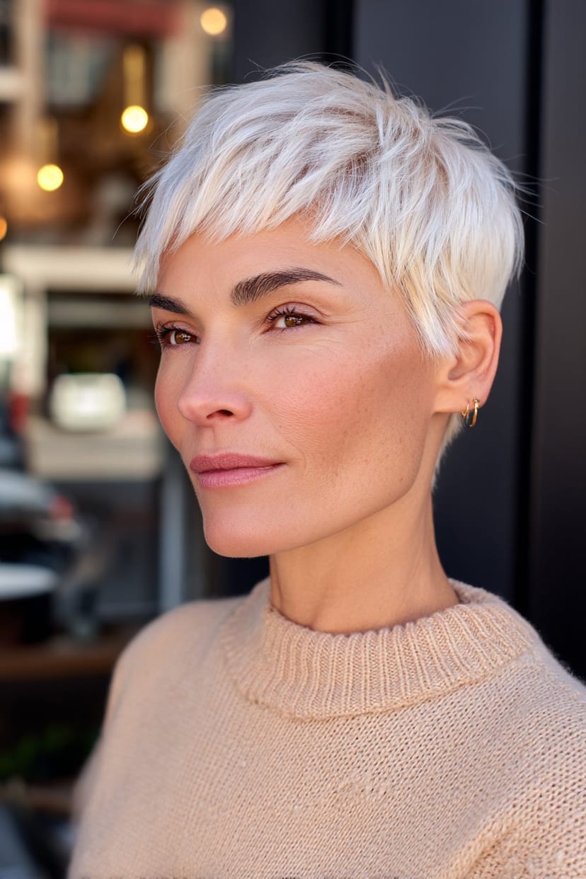 Pixie Cut mit seitlichem Pony in Salz-und-Pfeffer