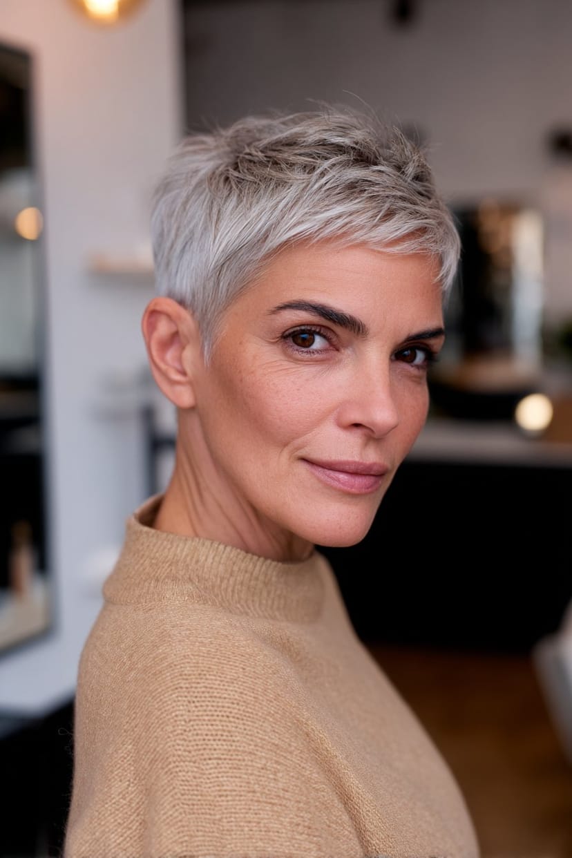 Salt-and-Pepper Pixie Cut mit sanften Grauabstufungen