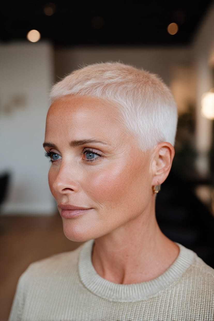 Sehr kurzer platinweißer Buzz-Cut bei Tageslicht