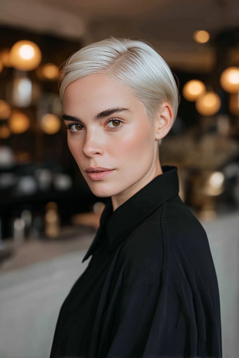 Sleeker Pixie Cut in platin-silber von vorn