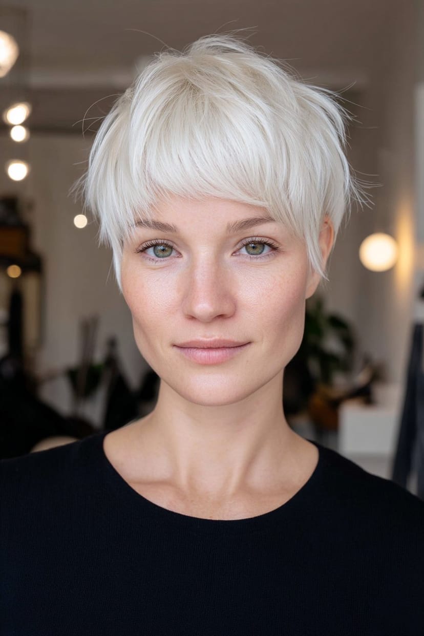 Soft layered Crop in Perlenweiß für feines Haar frontal