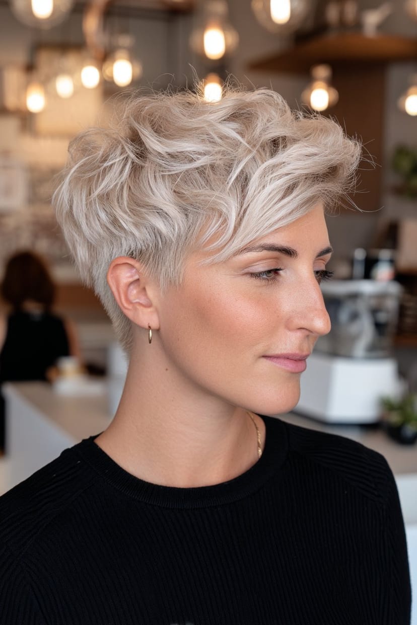Strukturierter weißer Pixie-Cut mit Volumen seitlich
