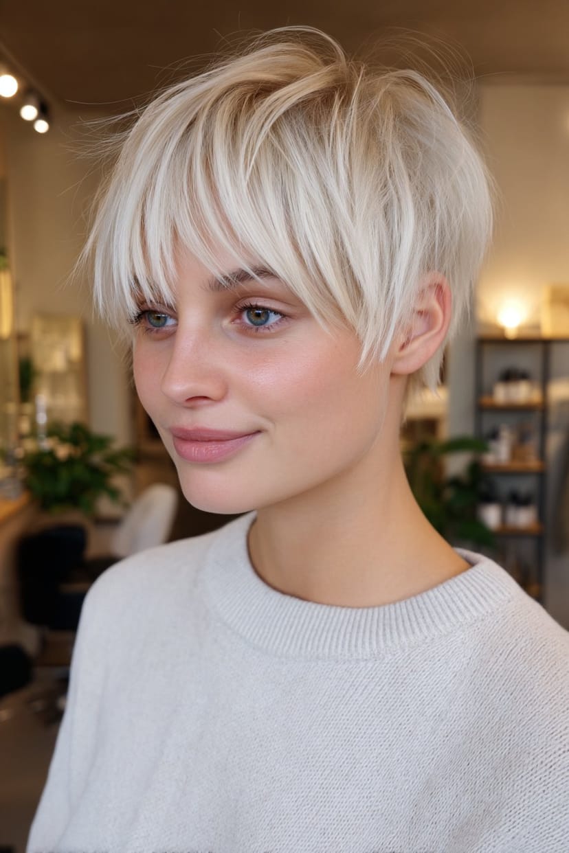 Verspielter Pixie mit langem weißen Pony seitlich