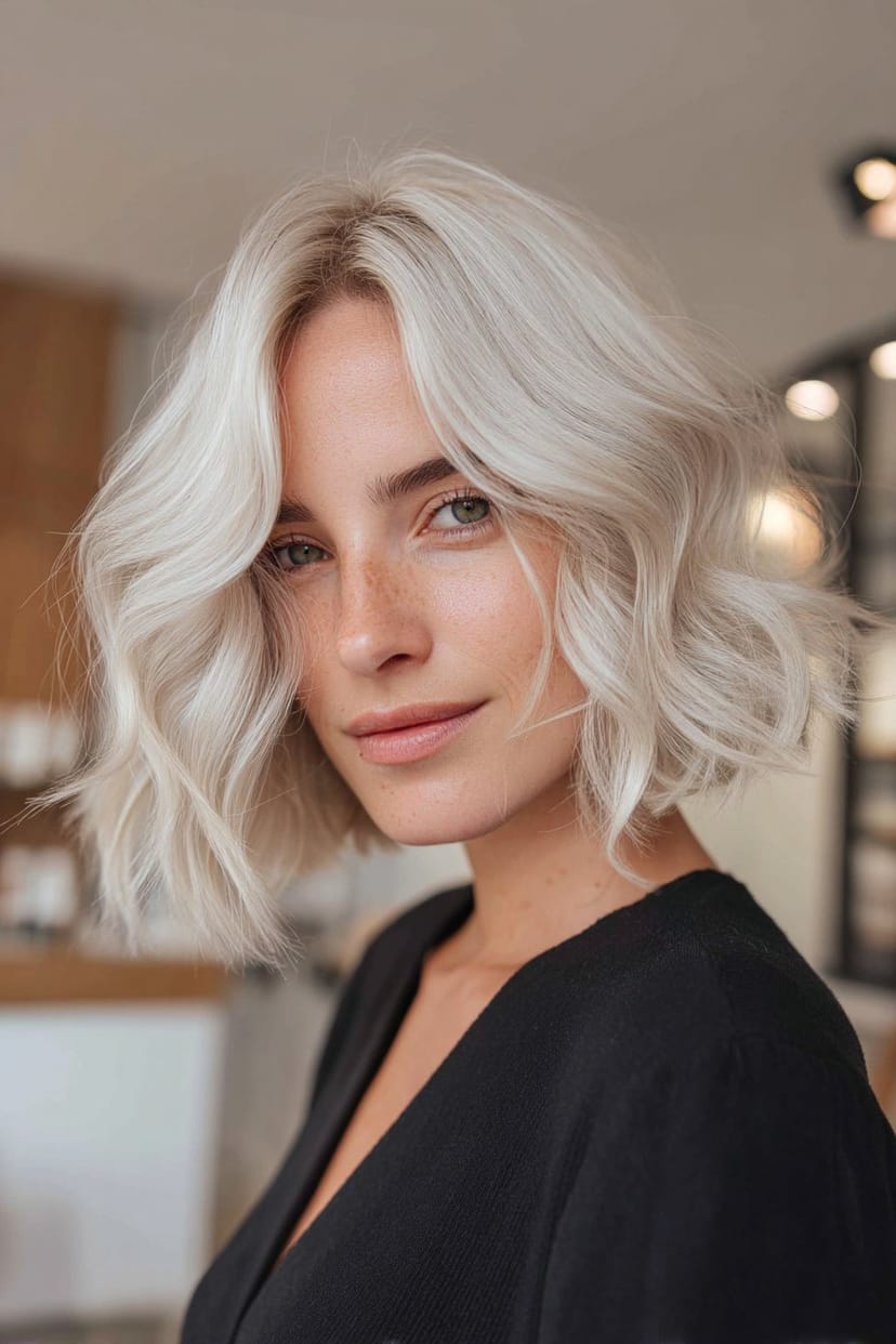 Wavy grau-weißer Kurzhaarschnitt mit lockeren Wellen