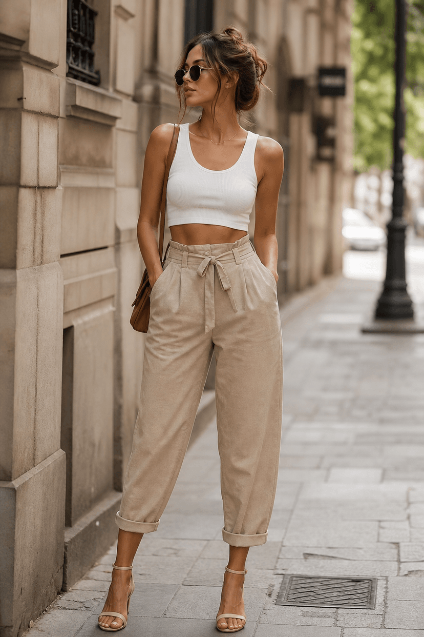 Beige Paperbag-Hose und weißes Crop-Top Sommeroutfit