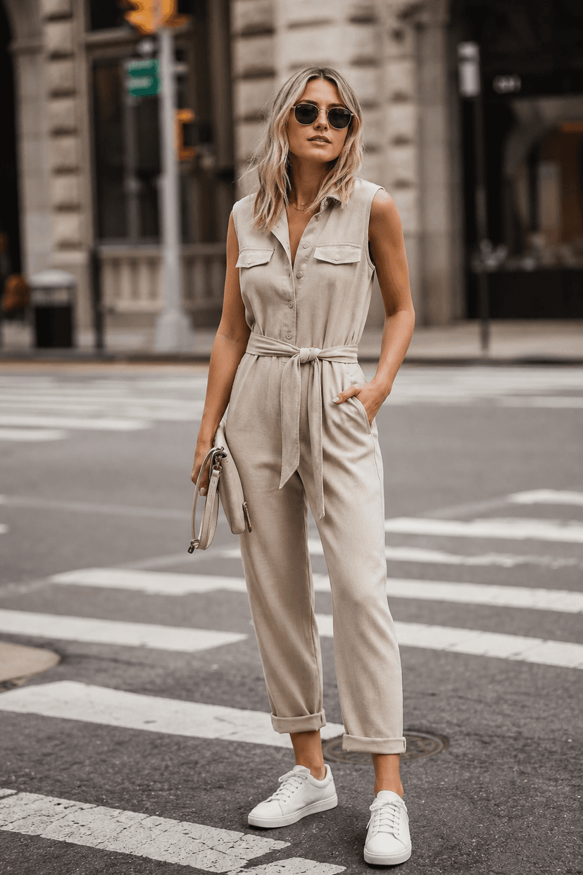 Neutraler Jumpsuit mit Sneakers für den Sommerurlaub
