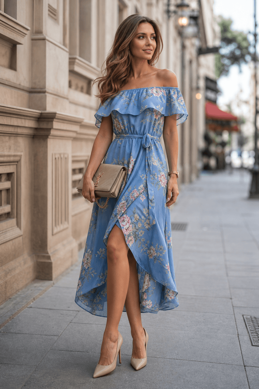 Frau in blauer Off-Shoulder-Robe mit floralen Prints und Pumps