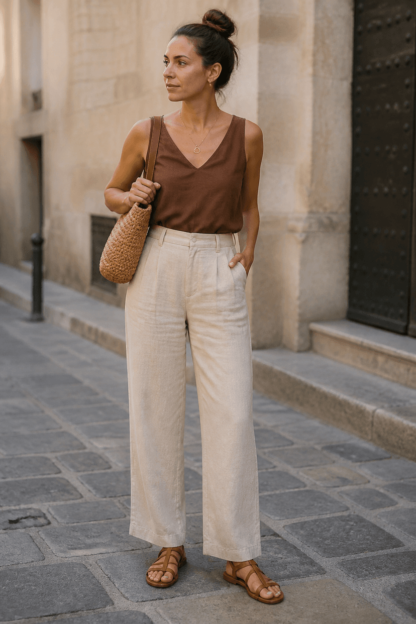 Braunes Top und beige Leinenhose Spätsommer Outfit