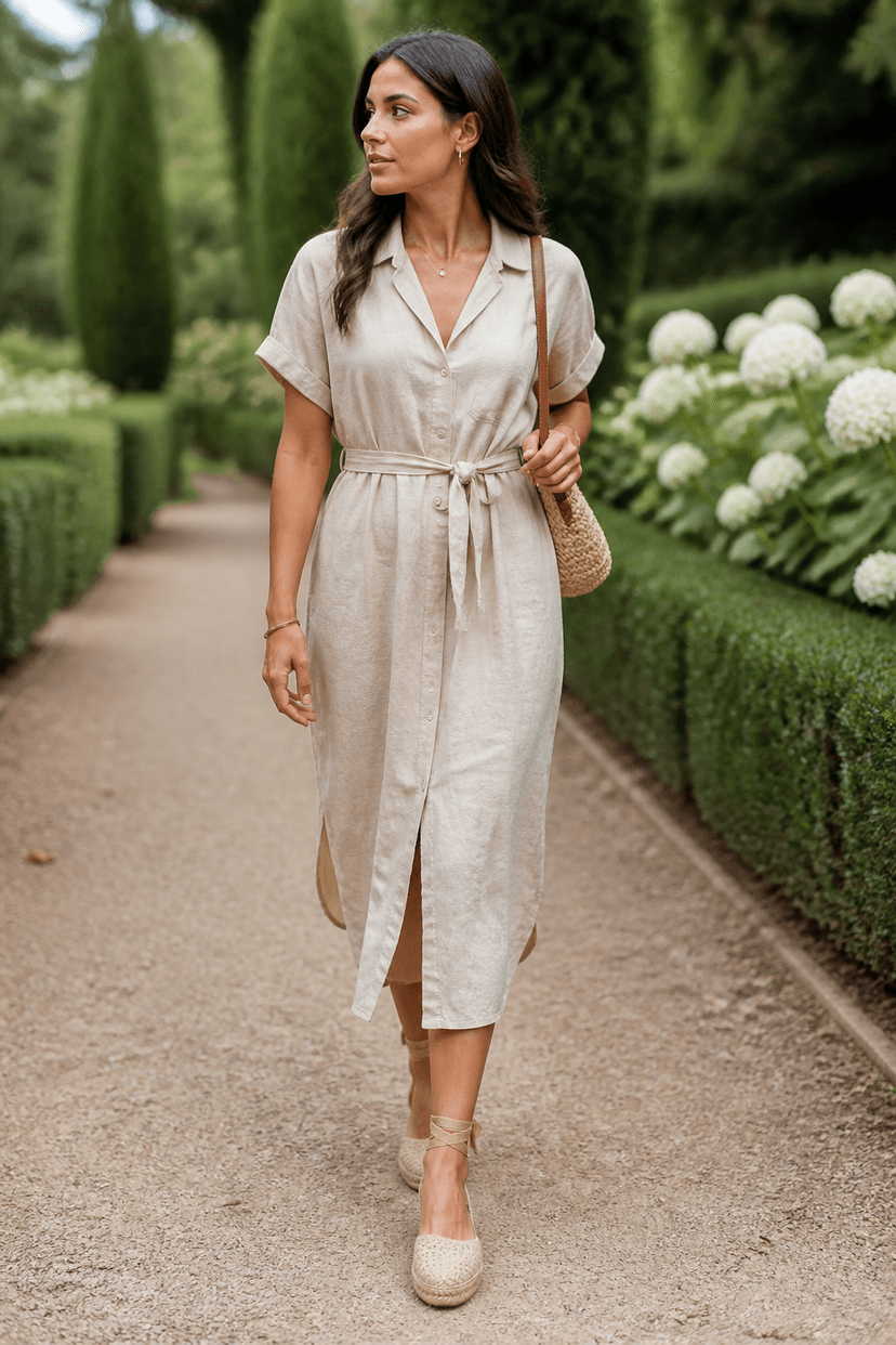 Frau im Blusenkleid mit Gürtel und Espadrilles