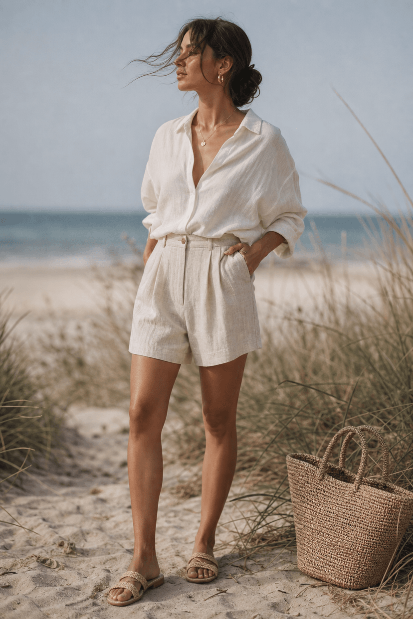 Flache Sandalen und Basttasche am Strand
