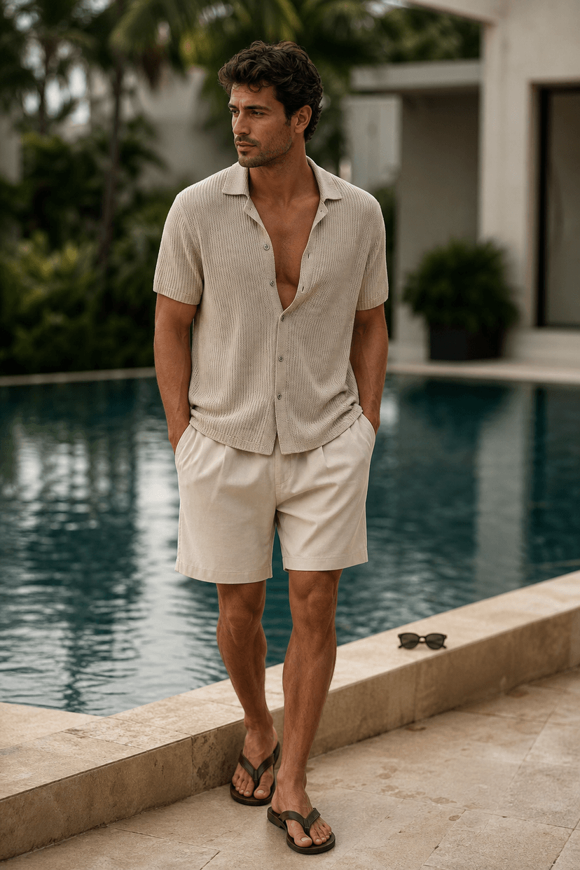 Flip-Flops und Sonnenbrille am Poolrand im Sommer