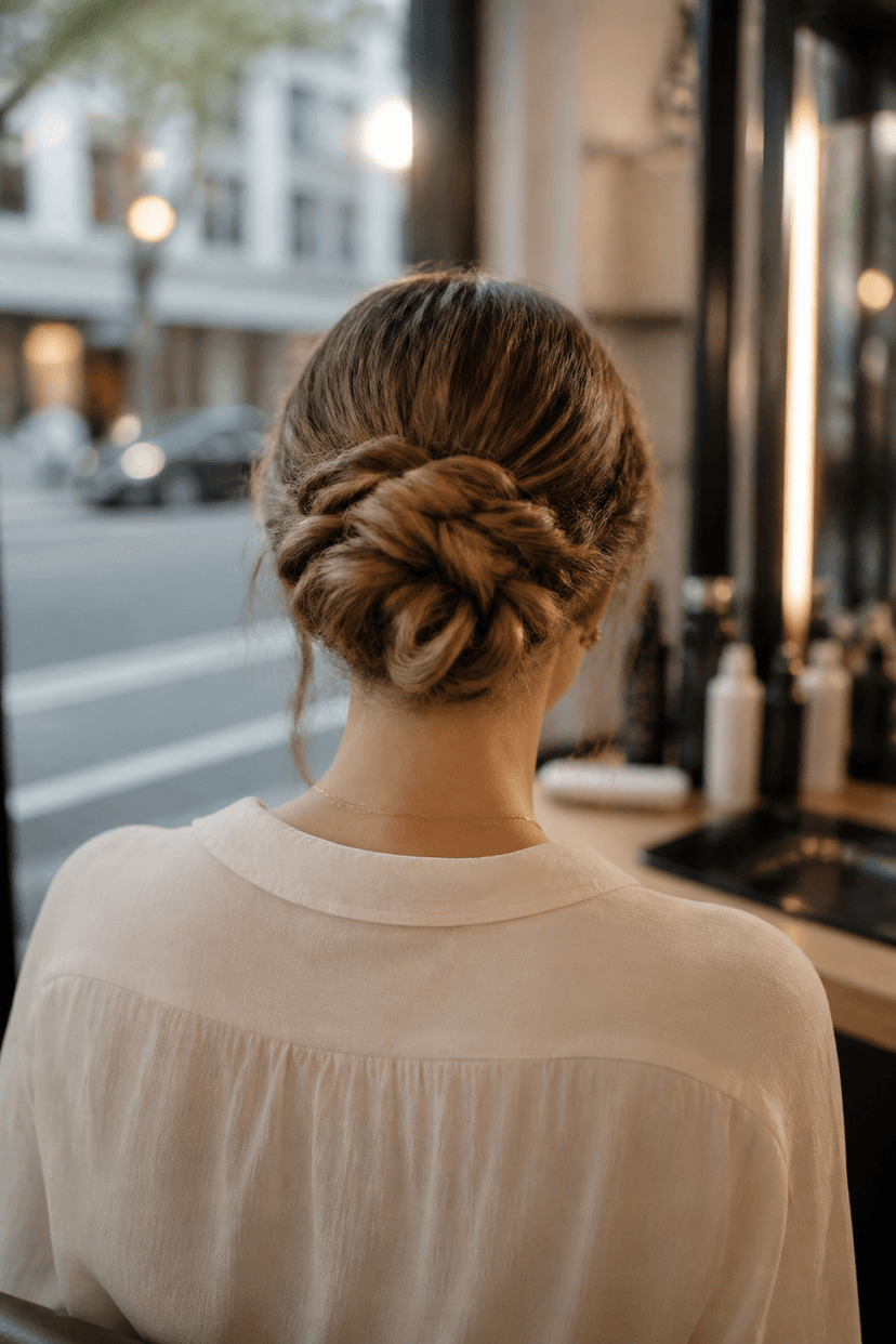 Geflochtener Dutt am Hinterkopf bei langen Haaren