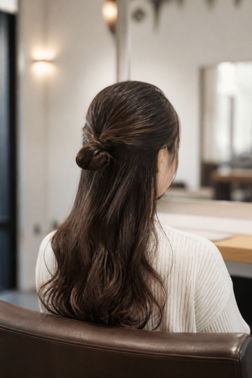 Halboffener Dutt für lange Haare von hinten