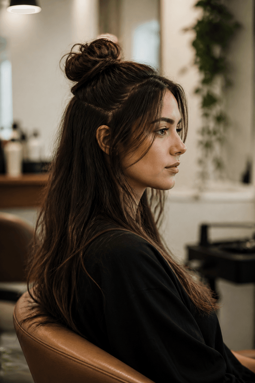 Halfbun Frisur für lange Haare seitlich