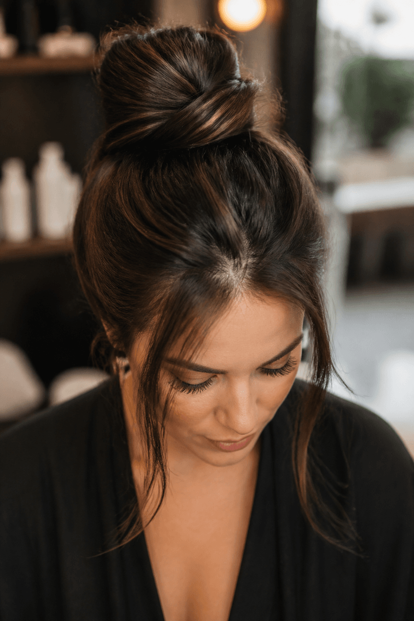 Hoher Topknot Dutt mit Volumen bei langen Haaren