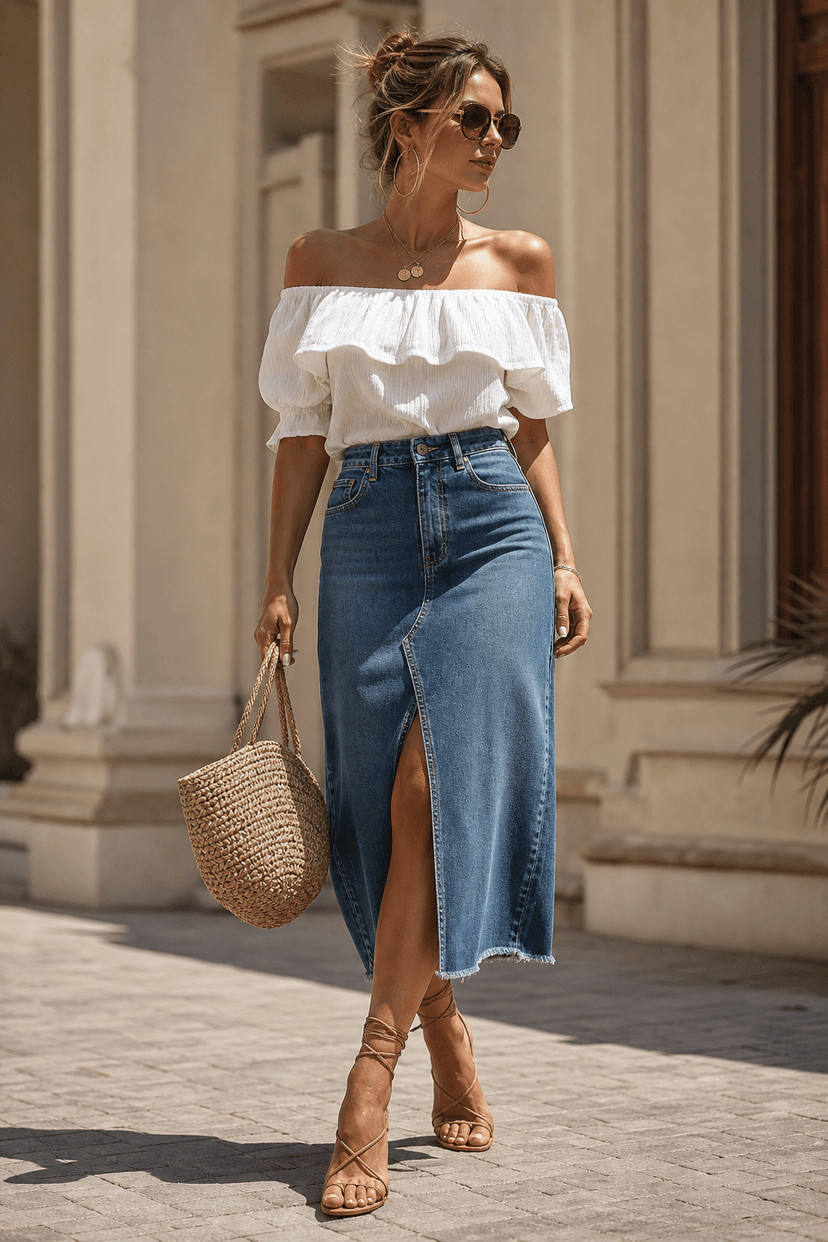 Sommeroutfit mit Jeansrock, Off-Shoulder-Top und Basttasche