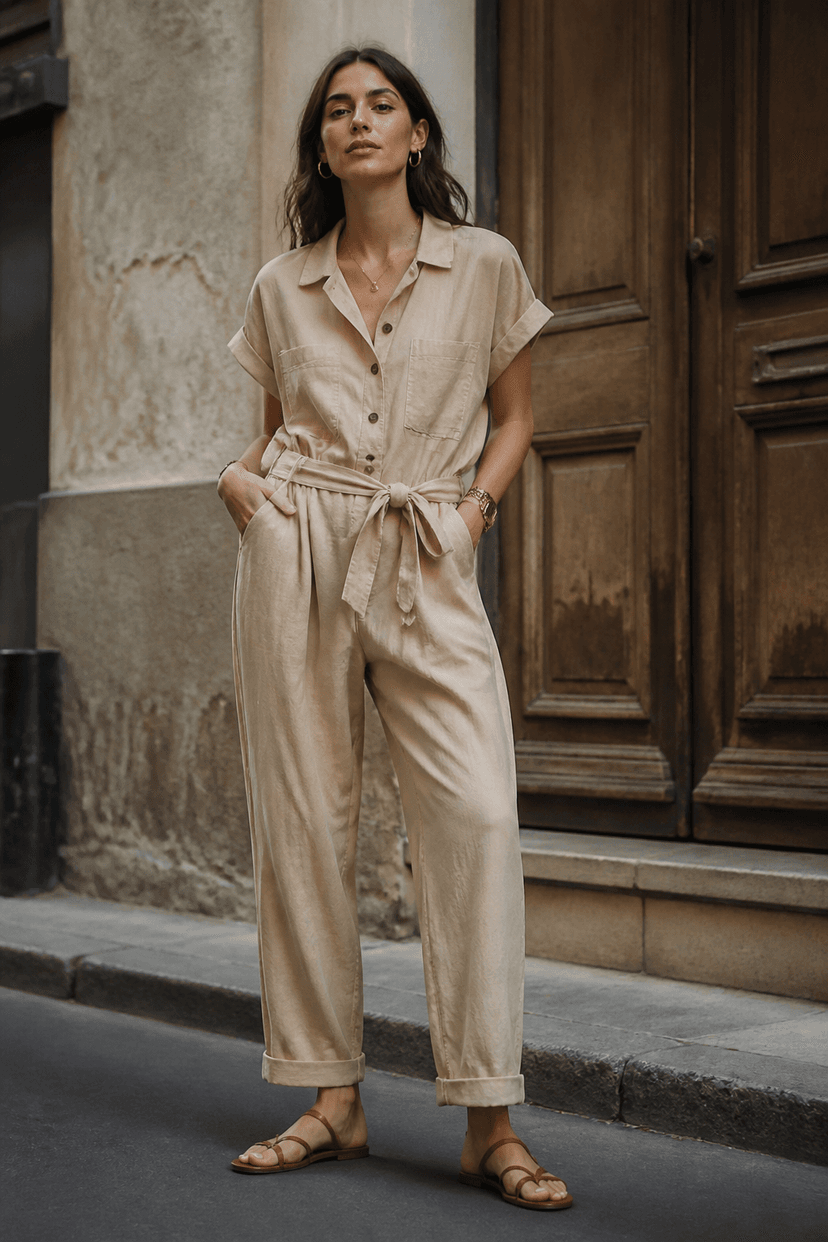 Leichter Baumwoll-Jumpsuit mit Sandalen im Sommer