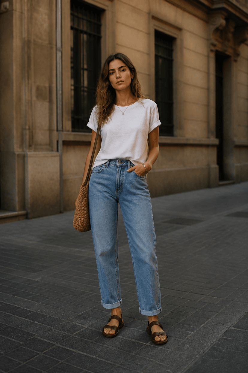Sommeroutfit mit Mom-Jeans, Shirt und Sandalen