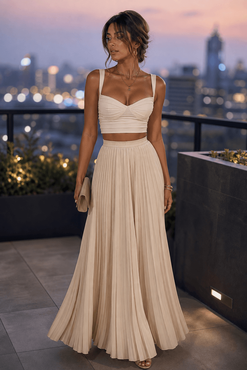 Frau im Plisseerock und Crop Top auf Terrasse abends