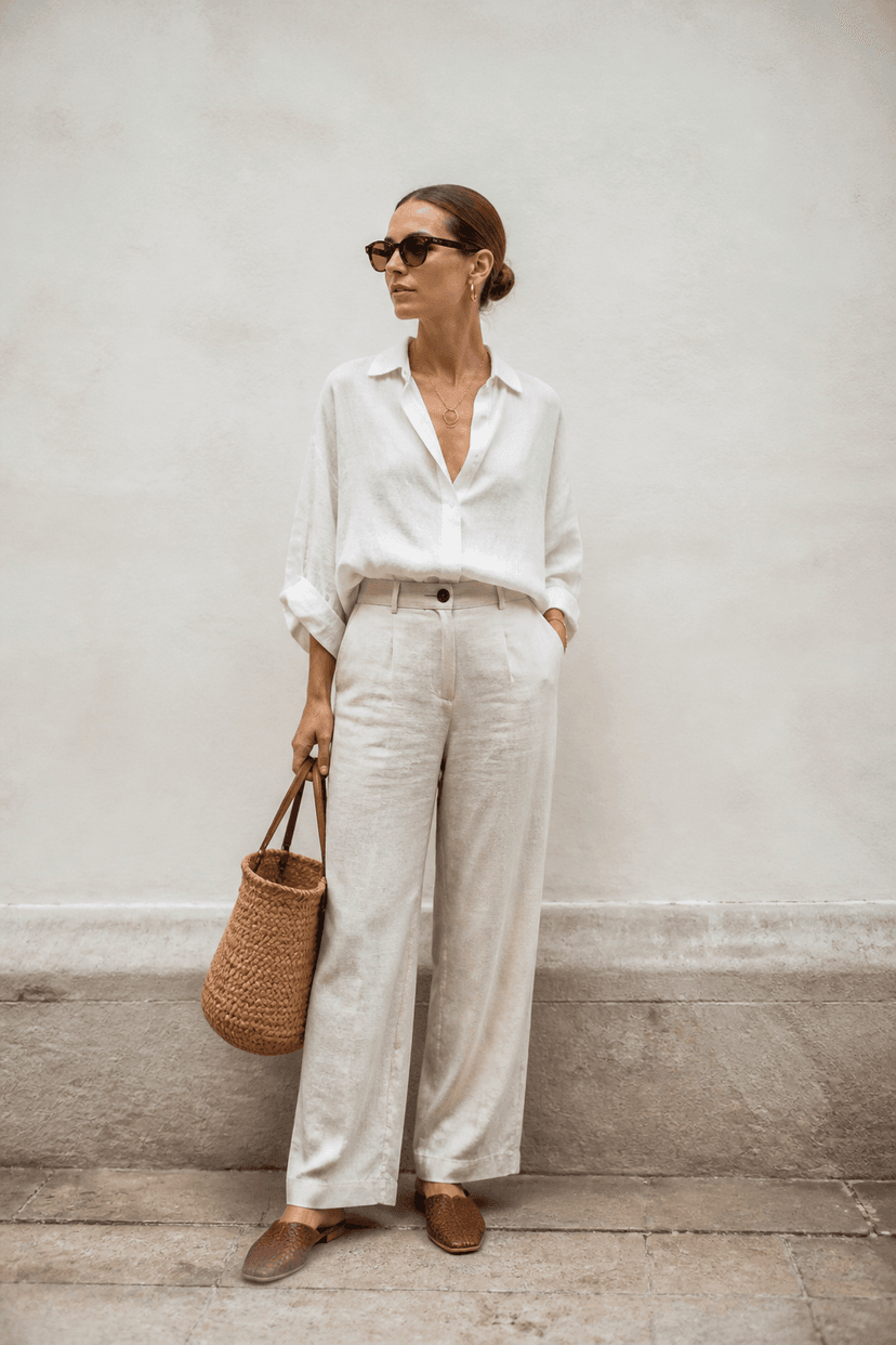 Leinenbluse mit Stoffhose, Mules und Korbtasche im Garten