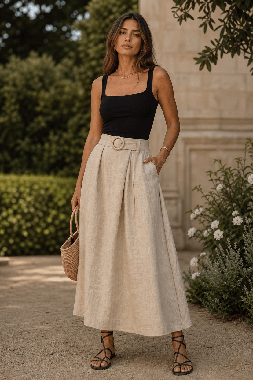 Sommeroutfit Maxirock beige, schwarzes Top, Sandalen